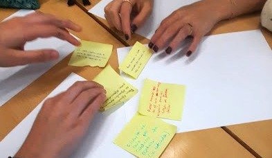 Grupo de personas acomodando notas adhesivas amarillas escritas a mano sobre una mesa
